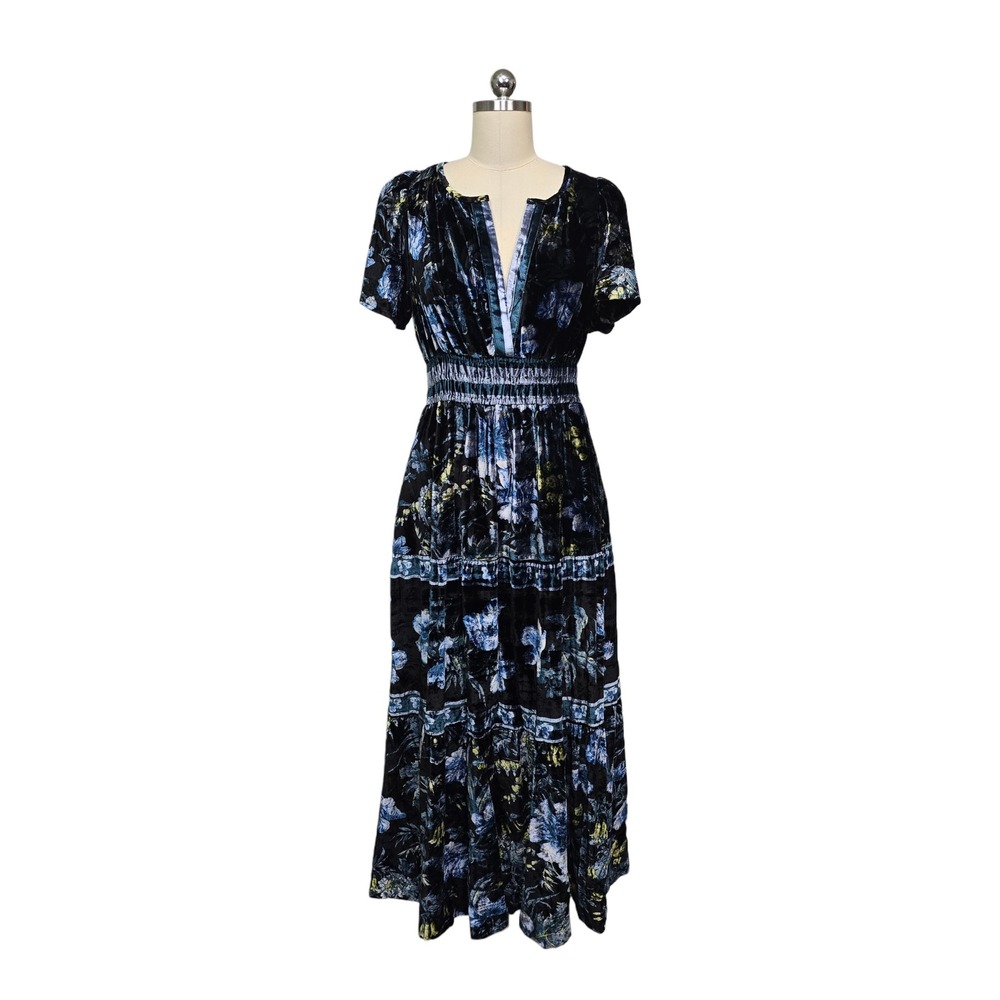 NWT Anthropologie Somerset Dark Blue Floral Velvet Tiered Maxi Dress SP Petite